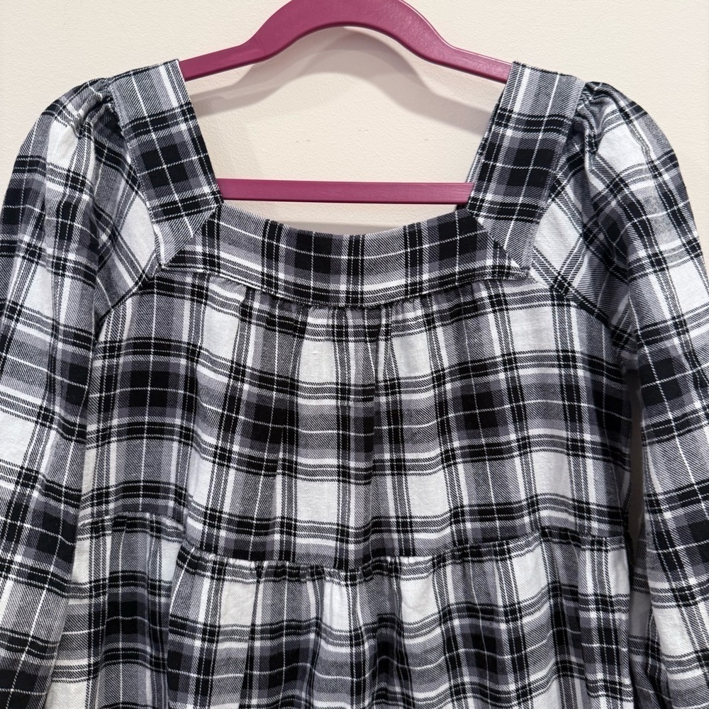 GAP Girl's 100% Cotton Square Neck Plaid Tiered Black White Dress Size Small - Picture 3 of 5